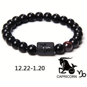 Capricorn Zodiac Signs Charm Bracelet Natural 8mm Black Onyx Stone Beads